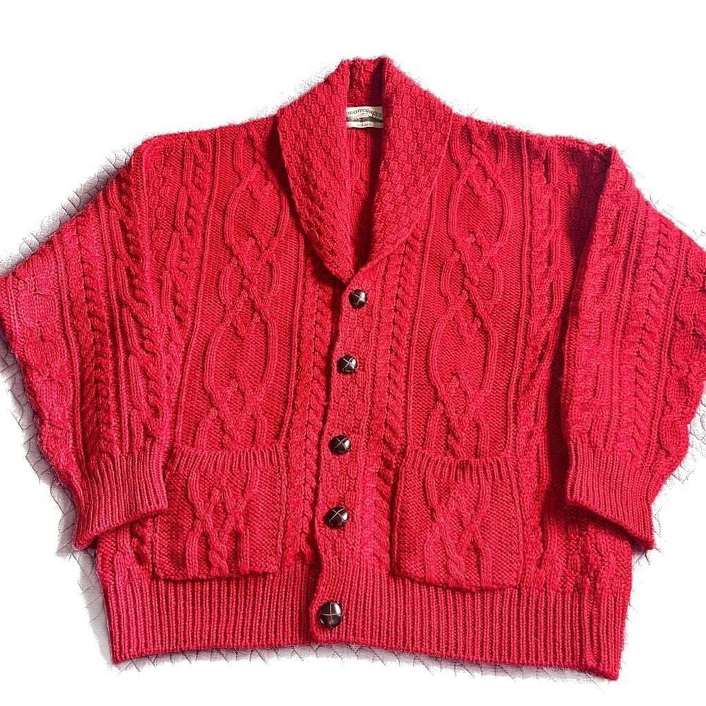 Aran Crafts Women's Red Cable Knit Cardigan Sweater with Shawl Collar